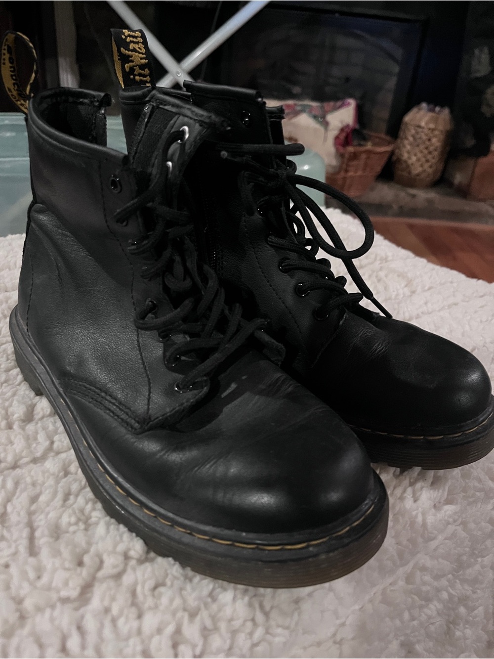 Dr. Martens Black Leather Lace-Up Ankle Boots with Yellow Stitching